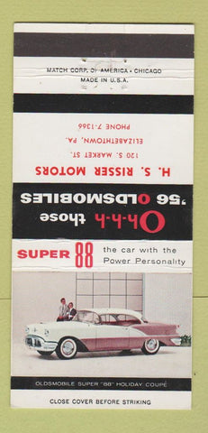 Matchbook Cover - 1956 Oldsmobile 988 Coupe Risser Elizabethtown PA 30 Strike