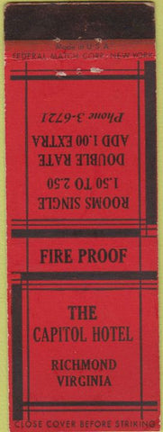 Matchbook Cover - Capitol Hotel Richmond VA Federal