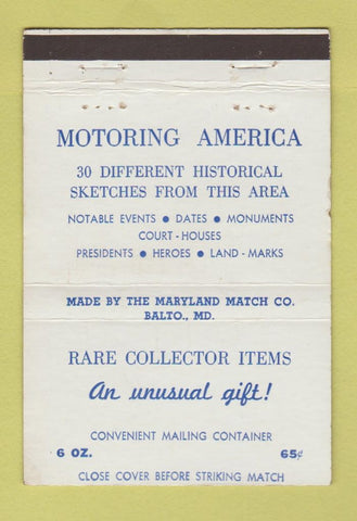 Matchbook Cover Motoring America Sketches Baltimore MD Maryland Match 40 Strike