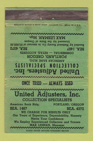 Matchbook Cover United Adjusters Collections Portland OR ADVANCE WEAR 40 Strike