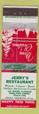 Matchbook Cover - Jerry's Restaurant Shelton CT low phone # Christmas WWII