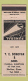 Matchbook Cover - TE Donovan & Sons Shleton CT low phone # funeral home