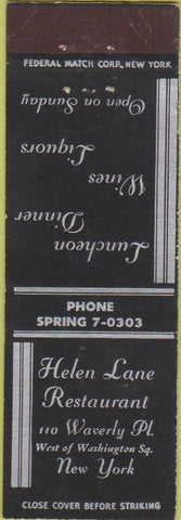 Matchbook Cover - Helen Lane Restaurant New York City Federal