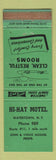 Matchbook Cover - Hi Hat Motel Watertown NY low phone # WEAR