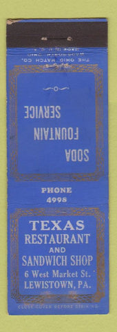 Matchbook Cover - Texas Restaurant Sandwiches Lewistown PA
