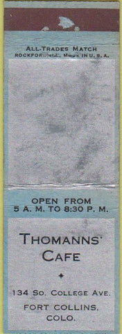 Matchbook Cover - Thomanns' Cafe Fort Collins CO All Trades