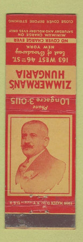 Matchbook Cover - Zimmerman's Hungaria New York City