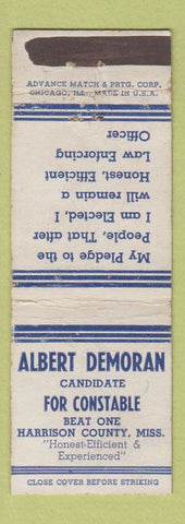 Matchbook Cover - Albert Demoran Constable Election Harrison County MS WEAR