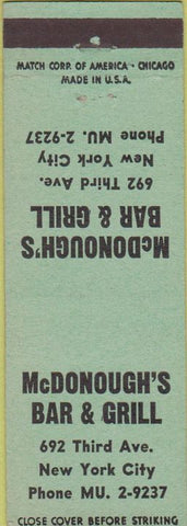 Matchbook Cover - McDonough's Bar Grill New York City