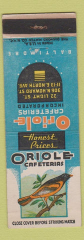 Matchbook Cover - Oriole Cafeterias Baltimore MD