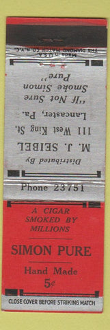 Matchbook Cover - Simon Pure Cigars MJ Seibel Lancaster PA