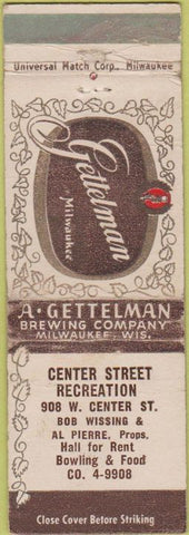 Matchbook Cover - Gettelman beer Center Street Recreation Bowling WEAR