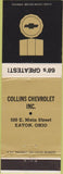 Matchbook Cover - Collins Chevrolet 1968 Eaton OH Chevelle Camaro