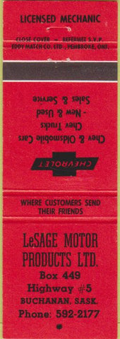 Matchbook Cover - LaSage Motor Co Chevrolet Buchanan SK