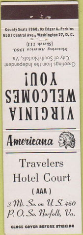 Matchbook Cover - Travelers Hotel Court South Norfolk VA