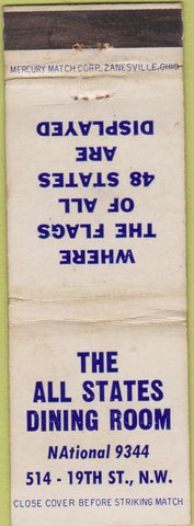 Matchbook Cover - The All States Dining Room worn no town