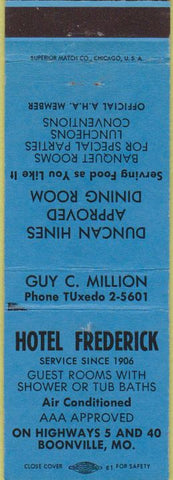 Matchbook Cover - Hotel Frederick Boonville MO blue