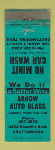 Matchbook Cover - Arrow Auto Glass Nu Minit Car Wash Chattanooga TN WORN TEAL