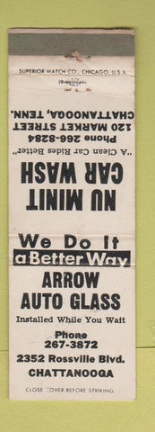 Matchbook Cover - Arrow Auto Glass Nu Minit Car Wash Chattanooga TN WORN WHITE