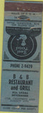Matchbook Cover - B and B Restaurant NO TOWN