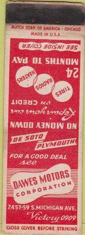 Matchbook Cover - Dawes Motors Co DeSoto Plymouth Chicago?
