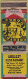 Matchbook Cover - Embassy Restaurant Boston MA WORN