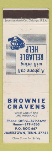 Matchbook Cover - Brownie Cravens Insurance Jamestown TN