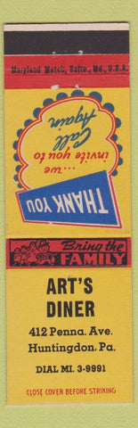 Matchbook Cover - Art's Diner Huntingdon PA