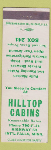 Matchbook Cover - Hilltop Cabins International Falls MN low phone #