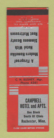 Matchbook Cover - Campbell Hotel Apts Rochester MN Simmons Mattress low phone #