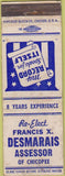 Matchbook Cover - Francis Desmarais Assessor Chicoppe WORN