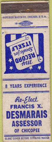 Matchbook Cover - Francis Desmarais Assessor Chicoppe WORN