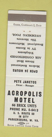 Matchbook Cover - Acropolis Motel Parkersburg WV
