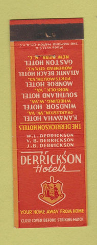 Matchbook Cover - Derrickson Hotels Charleston Wheeling WV New Bern NC