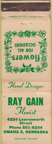 Matchbook Cover - Ray Gain Florist Omaha NE WORN