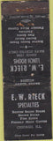 Matchbook Cover - EW Rieck Lunch Chicago IL WORN
