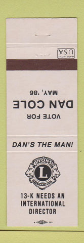 Matchbook Cover - Lions Club Dan Cole 1986 13K International Director Election