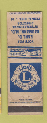 Matchbook Cover - Lions Club Earl Baumann WORN