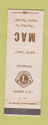 Matchbook Cover - Lions Club Election Governor Mac