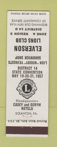 Matchbook Cover - Lions Club Elverson PA Scranton 1957