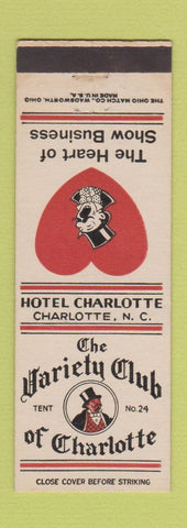 Matchbook Cover - Variety Club of Charlotte NC  Hotel Charlotte