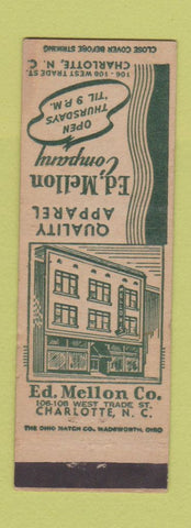 Matchbook Cover - Ed Mellon Company Charlotte NC Clothing