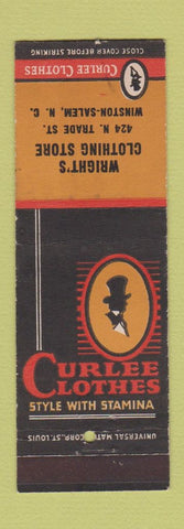 Matchbook Cover - Curlee Men's Clothes Wright's Clothing Store Winston Salem NC