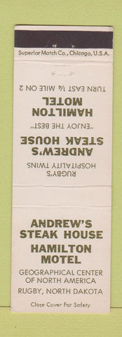 Matchbook Cover - Andrew's Steak House Hamilton Motel Rugby ND