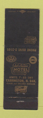 Matchbook Cover - Del Claire Motel Carrington ND