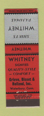 Matchbook Cover - Whitney Shirts Pajamas Grieve Bisset Holland Waterbury CT
