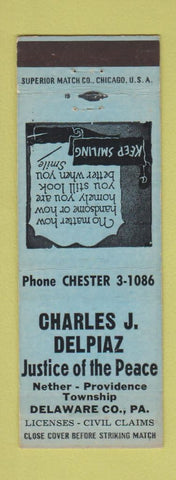 Matchbook Cover - Charles Delpiaz Justice of Peace Nether Providence Township PA