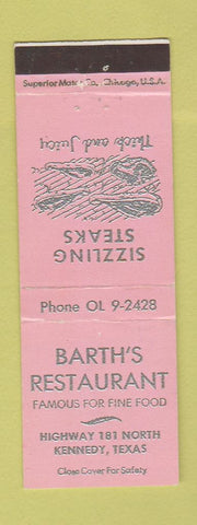 Matchbook Cover - Barth's Restaurant Kennedy TX