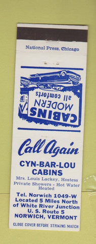 Matchbook Cover - Cyn Bar Lou Cabins Norwich VT low phone #