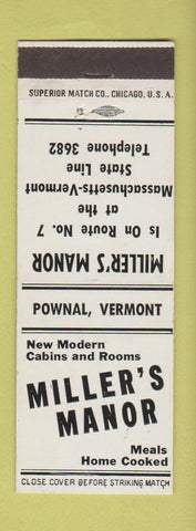 Matchbook Cover - Miller's Manor Cabins Restaurant Pownal VT low phone #